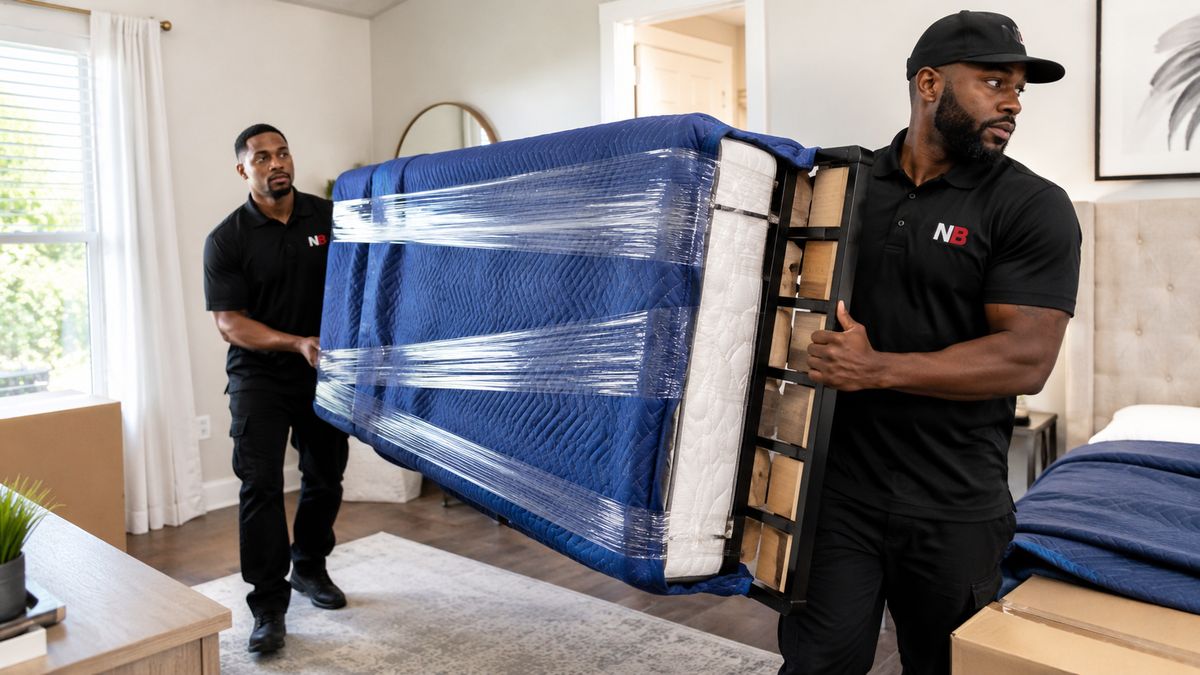 Movers carefully moving wrapped furniture inside a home