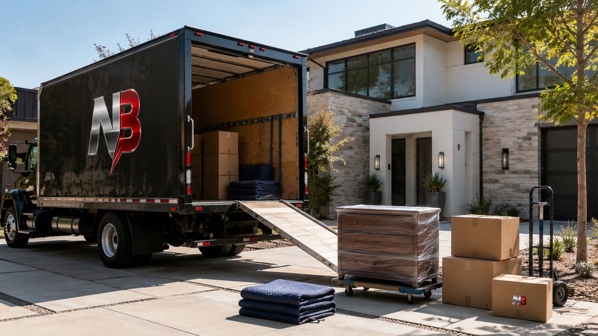 A black Nelson Boyz box truck parked at a customer's home