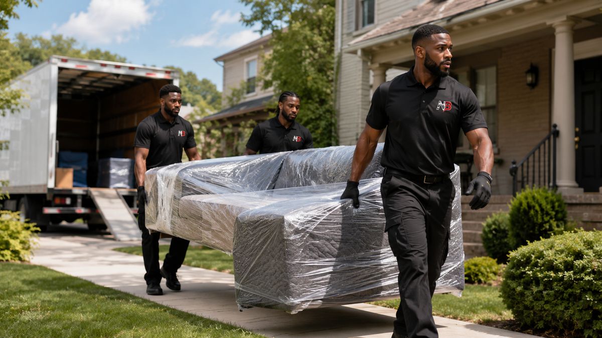 Movers carrying a heavy wrapped sofa