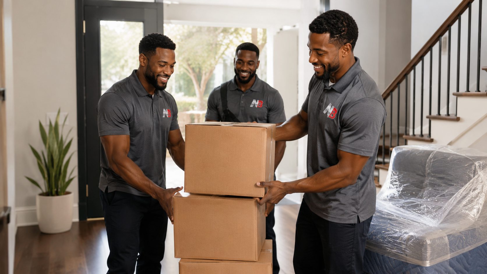 The Nelson Boyz moving crew carrying boxes on moving day