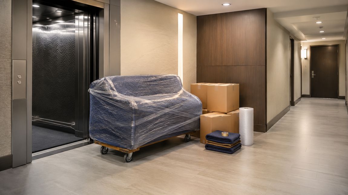 Wrapped furniture being moved into a storage unit