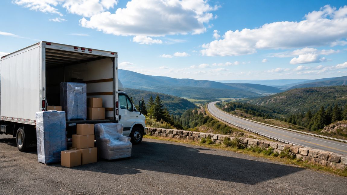 Moving truck on the highway for a long-distance move