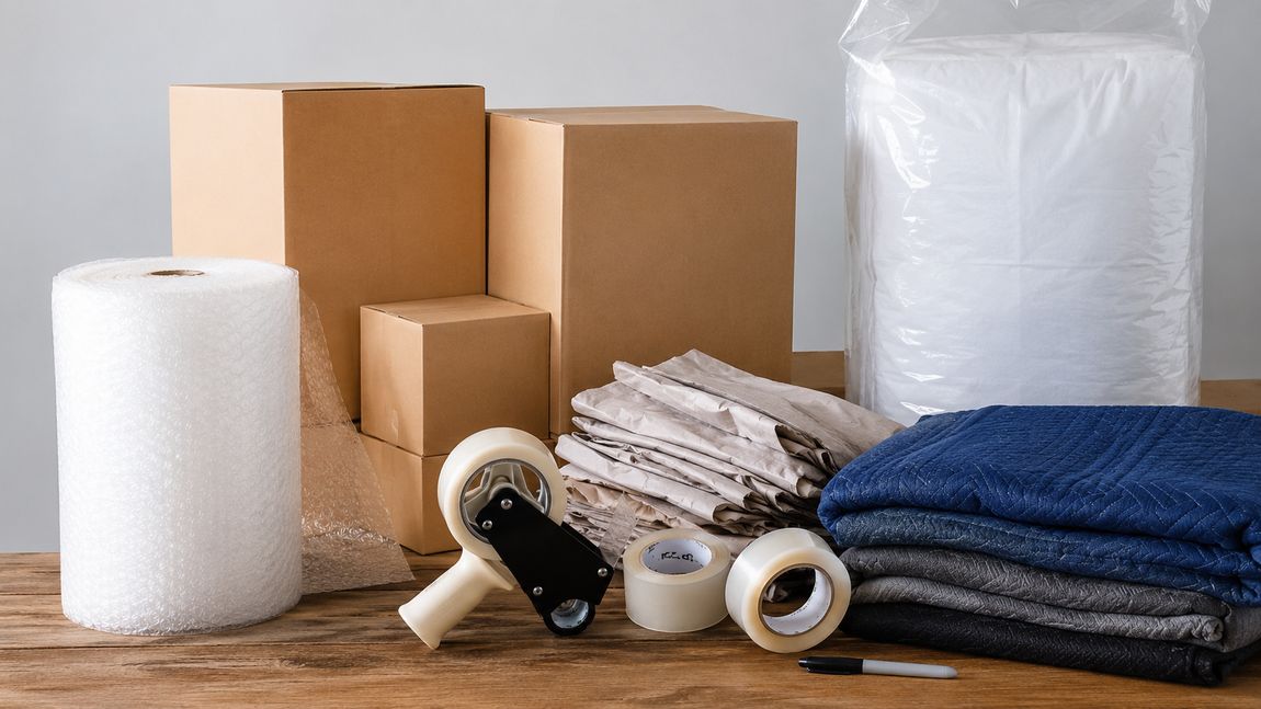 Packing boxes, moving blankets and supplies