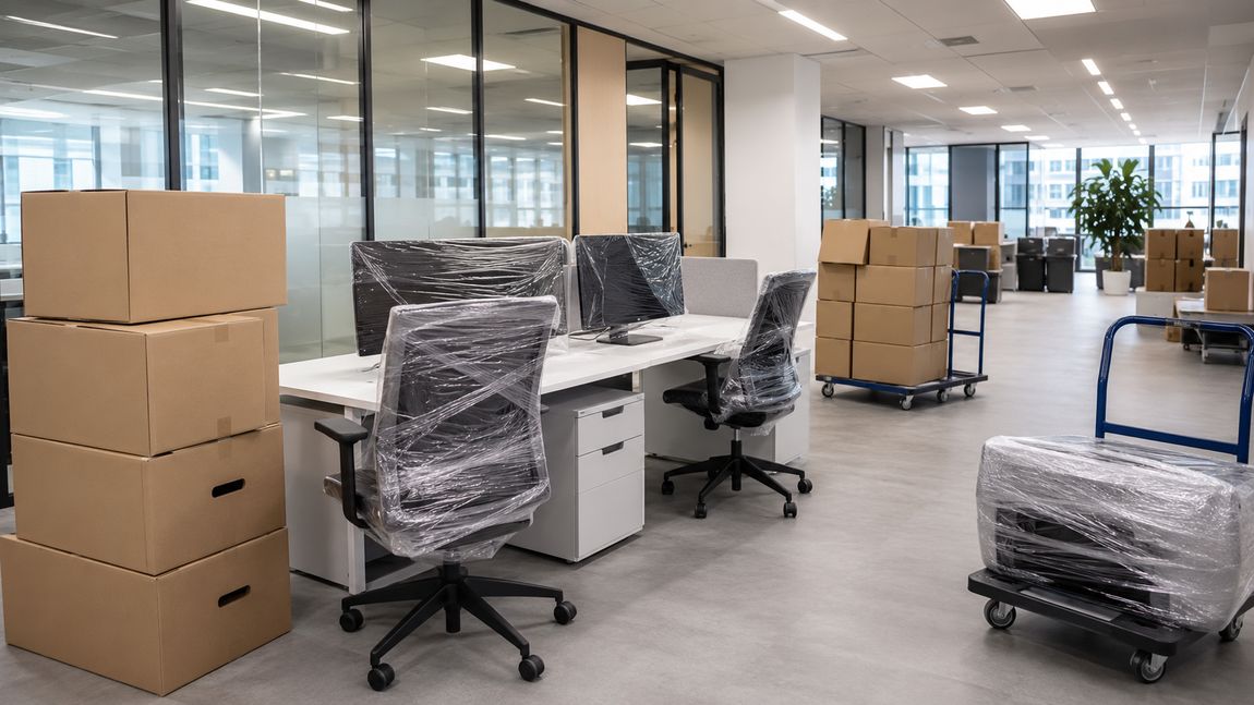 Office furniture and equipment ready for a commercial move
